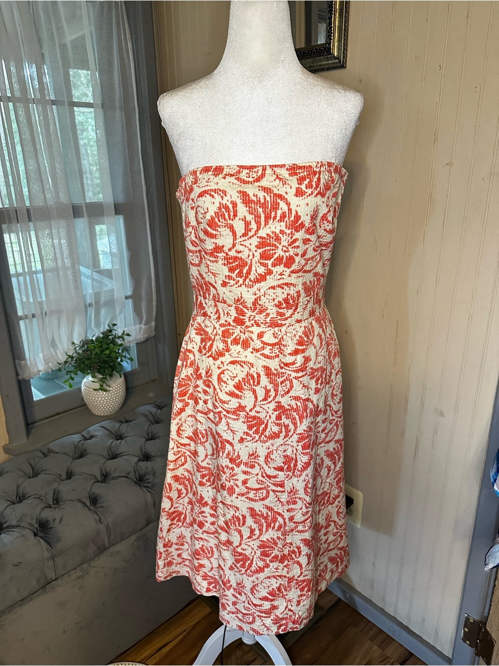 J.Crew Strapless Floral Cotton Dress Women’s Size 8 Coral White A-Line Summer